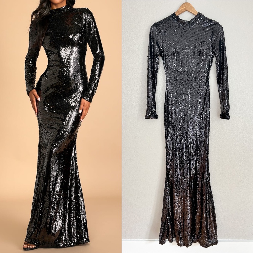 Lulu's Black Sequin Long Sleeve Maxi Dress